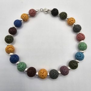 PULSERA PIEDRA VOLCANICA MULTICOLOR Y BOLITAS DE PLATA