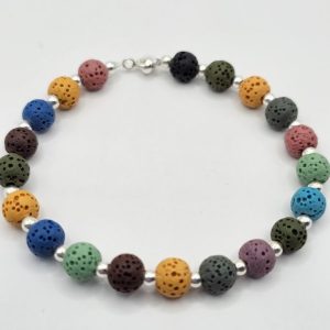 PULSERA PIEDRA VOLCANICA MULTICOLOR Y BOLITAS DE PLATA